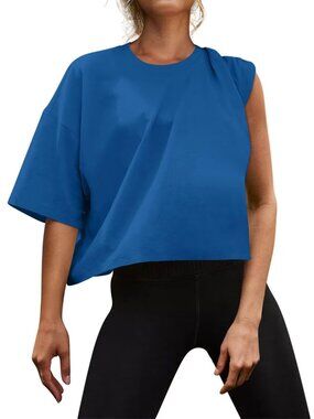 Womens Oversized Workout Crop Tops Cotton T Shirts Boxy Crewneck Loose Fit-Small